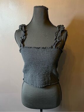 aerie Black Smocked Crop Tank with Braided Straps